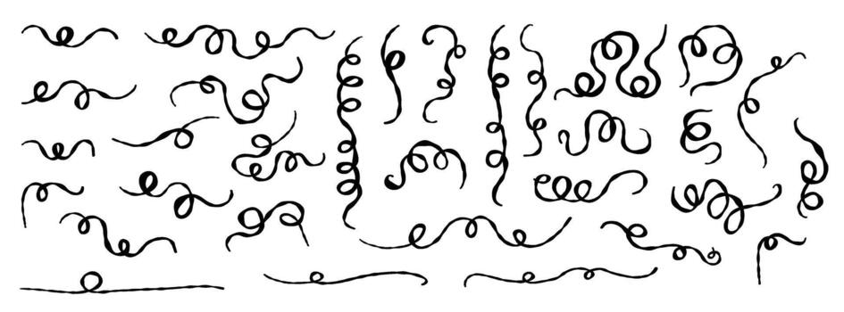 Crayon Corrugated swirl and curl, spiral lines doodles set. Isolated Curvature Textured Hand Drawn. Various looping and twisting shapes for use as divider, embellishment, frames creative design vector