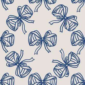 Bow ribbon seamless pattern in doodle sketch style with hand drawn line art. Blue on light creates a romantic look. Good for card and holiday background. Perfect for simple fabric print ideas. vector