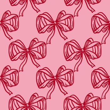 Bow ribbon seamless pattern in doodle sketch style with hand draw outline. Red on pink creates a cute romantic look. Good for card and holiday background. Perfect for simple fabric print ideas. vector
