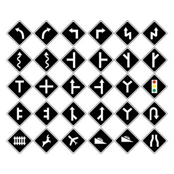 Set of black road warning signs with various arrows, intersections, and traffic symbols in a diamond shape vector