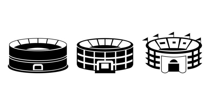 Set of three black and white stadium icons in different architectural styles, isolated on a white background vector