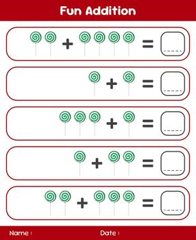 Game for children addition by counting lollipops. Educational mathematical game. Addition game for children. Kids activity sheet. Template for addition. vector