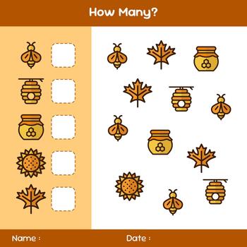 contar cómo muchos objetos. contando juego con flores, hojas, y abejas. educativo matemático juego. contando juego para niños. niños actividad hoja. modelo para cómo muchos, vector
