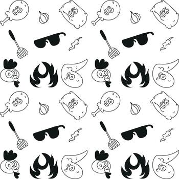 Seamless lineart food pattern with fried chicken, wings, fire, spatula, onion, pepper, and fun doodle elements arranged in a repeating layout suitable for cooking themes vector