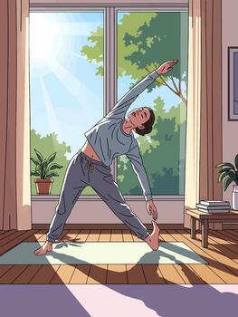 A man is practicing yoga in front of a window vector