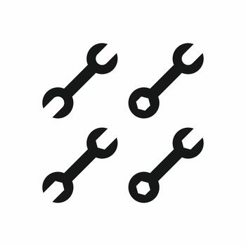 Black and white icon set of four basic wrenches, including open-end and combination spanners. Ideal for repair, mechanics, settings, and tool concepts vector