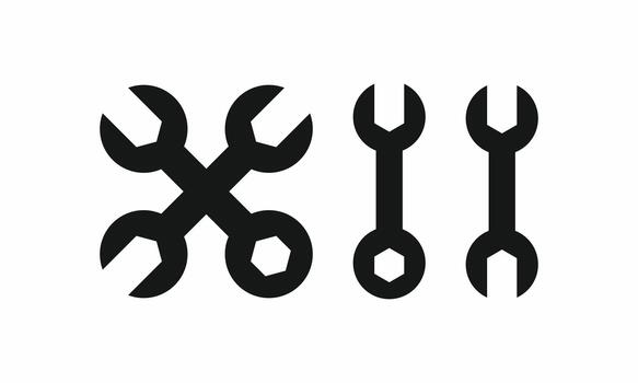 Icon set featuring crossed and parallel open-end wrenches and combination spanners. Perfect for technical support, construction, engineering, tools, and repair service graphics vector