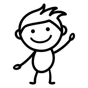 Smiling stick figure boy cheerfully waves his hand while standing on a transparent background vector