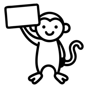 Smiling outline monkey holds rectangular blank banner overhead with its arm raised high above vector