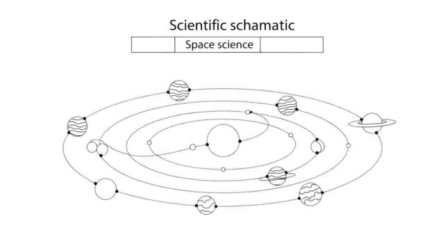 Minimalist line art illustration of a fictional solar system with orbiting planets. A simple schematic for astronomy and space exploration vector