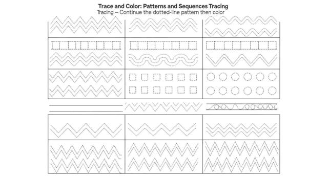 atractivo preescolar rastreo hoja de cálculo divertido línea de puntos patrones y formas para temprano infancia desarrollo - profesional digital obra de arte con vibrante colores y detallado composición vector