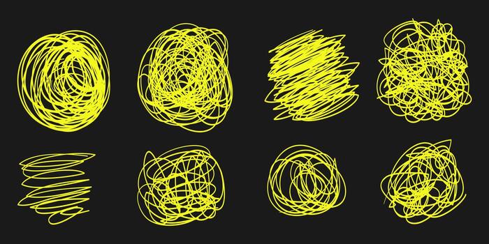 Set of hand drawn scribble sketch circle object, Tangled grungy round scribble. isolated on black background vector