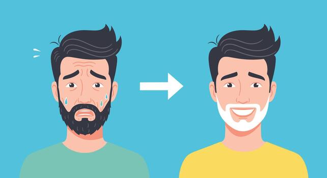 A before and after concept illustration showing a man's transformation from sad and crying to happy and smiling brightly vector