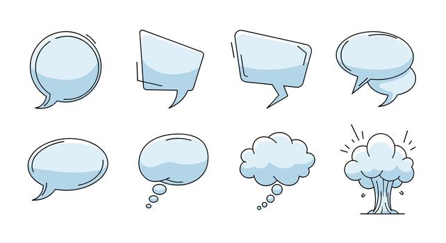A collection of eight hand-drawn doodle style speech bubbles and thought clouds for comics and communication design. vector