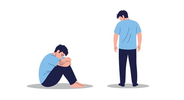 A man in two poses expressing sadness and depression sitting curled up on the floor and standing with his back turned away from the viewer. vector