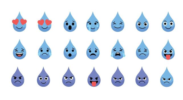A large collection of cute water drop emoticons and emojis showing a wide range of facial expressions and different emotions for web chat. vector
