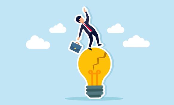 Businessman falling from a cracked and broken lightbulb illustration of failure in business idea and innovation implementation vector