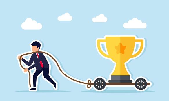 Businessman moving a trophy by placing it on a wooden cart and pulling it with a rope illustration of effort to maintain a leading company status vector