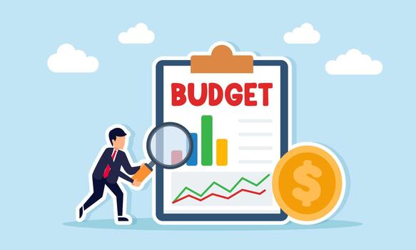 Businessman using a magnifying glass to observe a budget document with charts and a dollar coin illustrating business budget monitoring and analysis vector