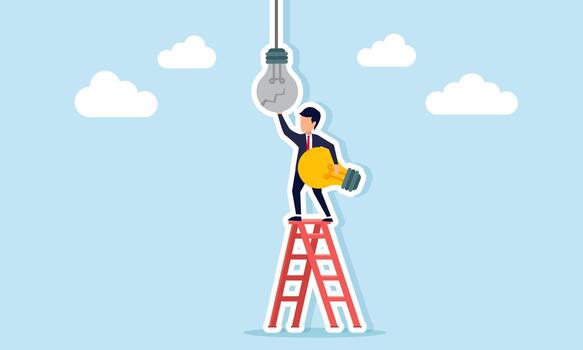 Businessman climbing a ladder to replace a broken lightbulb with a new one illustration of adapting and applying new business ideas and innovation vector