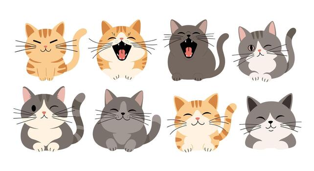 An adorable collection of eight cute cartoon cats and kittens with various playful expressions like yawning smiling and winking. vector