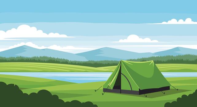 Peaceful camping scene with a green tent set up in a grassy field by a river with mountains in the background. vector