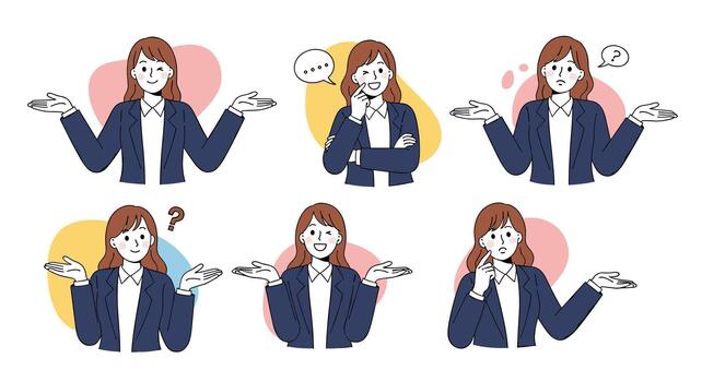 Set of a businesswoman character in various poses and expressions including thinking questioning and presenting solutions. vector