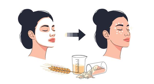 Before and after illustration showing a woman's skincare routine using a natural wheat and oat-based face mask product. vector