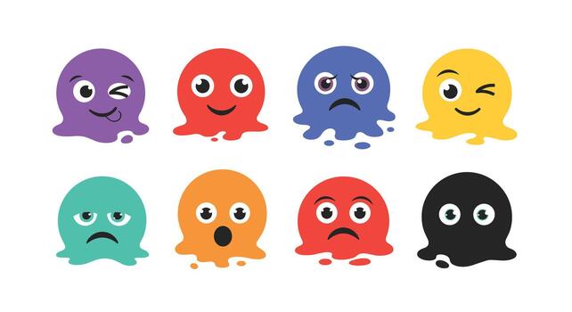 un divertido y vistoso conjunto de ocho parecido a un pulpo pintar gota caracteres con un variedad de linda y expresivo emoji caras. vector