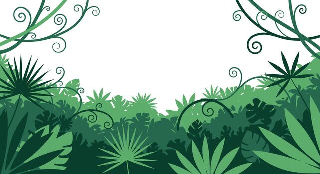 Lush green jungle background with silhouettes of various tropical leaves and vines creating a natural frame for text. vector