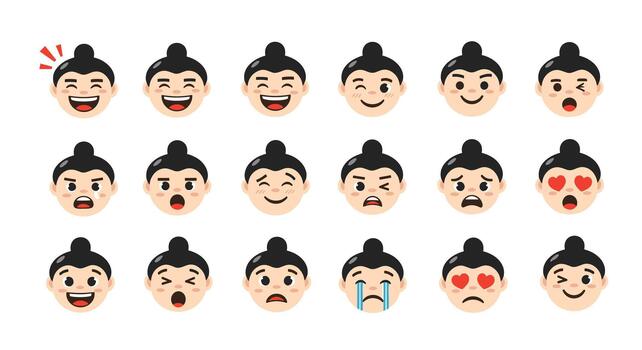 A large collection of cute sumo wrestler character emoticons displaying a wide range of facial expressions and emotions vector