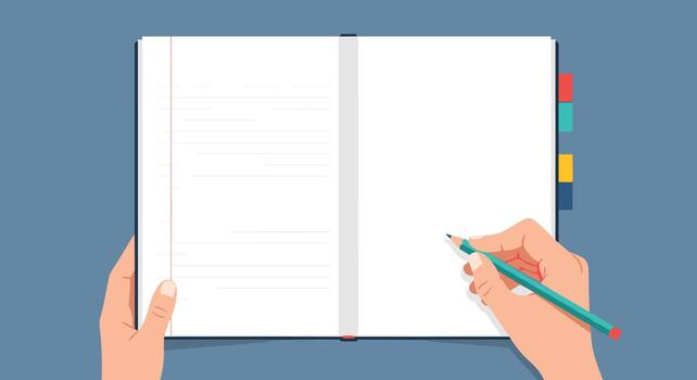 un parte superior ver ilustración de un de la persona manos participación un abierto cuaderno y escritura o dibujo con un lápiz en un completamente blanco página. vector