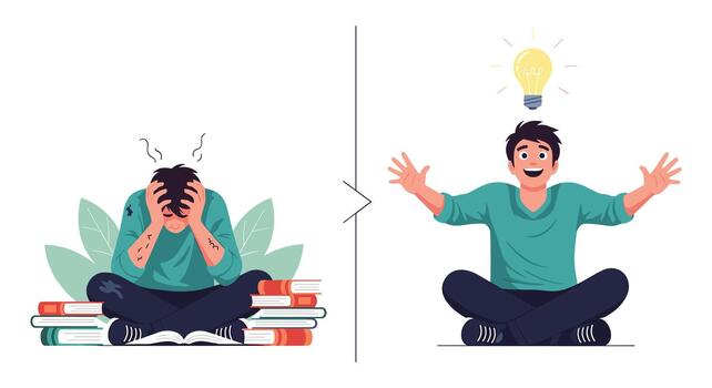 Transformation from a stressed student overwhelmed by books to a happy man with a bright idea lightbulb above his head. vector