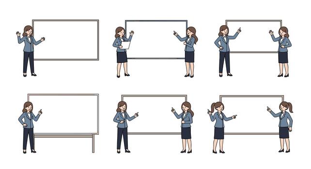un colección de un profesional mujer de negocios en un traje dando un presentación y señalando a un blanco blanco tablero para personalizado texto. vector