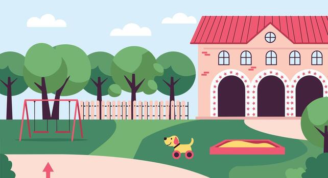 A colorful cartoon background of a kindergarten or preschool building with a fun playground and green trees in a park vector