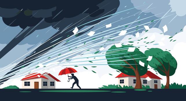 Dramatic scene of a person with a red umbrella struggling against a powerful storm with strong winds rain and lightning. vector