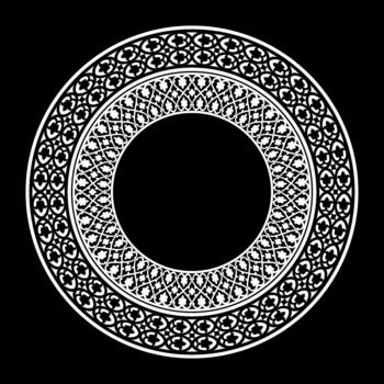 blanco, intrincado circular marco en un negro antecedentes. el diseño caracteristicas múltiple capas de repitiendo, florido geométrico patrones con floral, como un corazón motivos decorativo redondo marco. vector