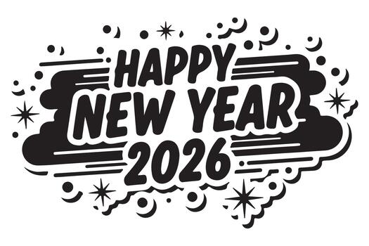Happy new year graphic with stars and dots, featuring the year two thousand and twenty six in bold font vector