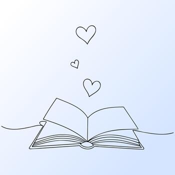 Open Book Single Line Drawing with Hearts Floating Above Pages vector