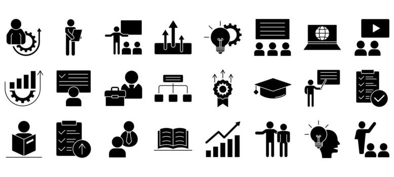 Flat solid upskill icon set featuring training, learning, course, certificate, growth, and online class. Ideal for UI, apps vector