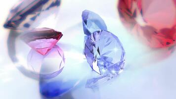 Closeup of sparkling colorful gemstones reflecting light on a white surface creating a mesmerizing display of brilliance and luxury. video