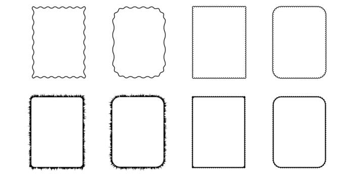 collection of decorative outline frames featuring scalloped, wavy, and textured borders in clean black line art vector