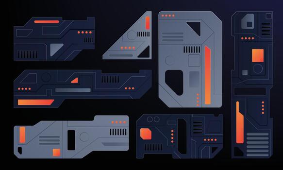 cyberpunk mecánico paneles futurista interfaz, hud, y ciencia ficción hardware elementos vector