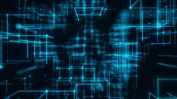 Blau glühen Drahtmodell Würfel im schnelle Geschwindigkeit futuristisch Netz. geloopt 3d Rendern video