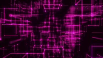 Violeta digital cubitos en un rápido resumen estructura metálica campo. serpenteado 3d representación video