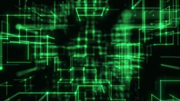 Grün Neon- Würfel im ein hohe Geschwindigkeit futuristisch Drahtmodell Netz. geloopt 3d Rendern video