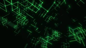 verde luminiscente cubitos formando un rápido digital tecnología túnel. serpenteado 3d representación video