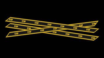 animato giallo e nero fermare avvertimento nastri attraversamento su trasparente sfondo. in movimento attenzione nastri con mettere in guardia testo. simbolo di Pericolo, restrizione, divieto, e sicurezza avvertimento animazione video