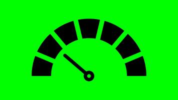 animerad läser in hastighet mätare på grön skärm och transparent alfa bakgrund, svart halvcirkel meter med rör på sig pekare, dynamisk framsteg indikator representerar betyg skala, framsteg indikator video