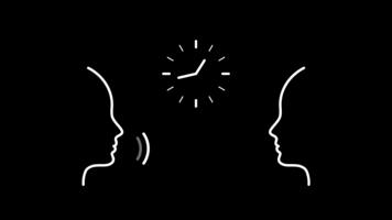 Line art animation of two people talking with a clock between them on a transparent background. Concept of communication, psychology, conversation, time management, dialogue, connection, mindfulness video